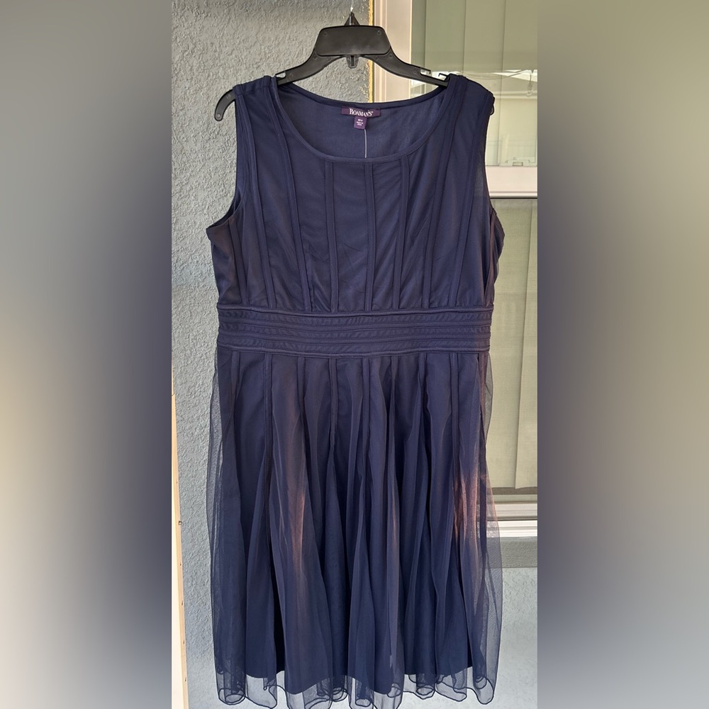 Roman’s Navy Blue Mesh Overlay Sleeveless Side Zip Dress Size 16W